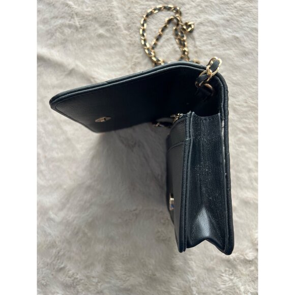 Bebe Quilted Black Leather Crossbody Purse With Gold Chain Strap & Rhinestone Lo - Picture 5 of 15